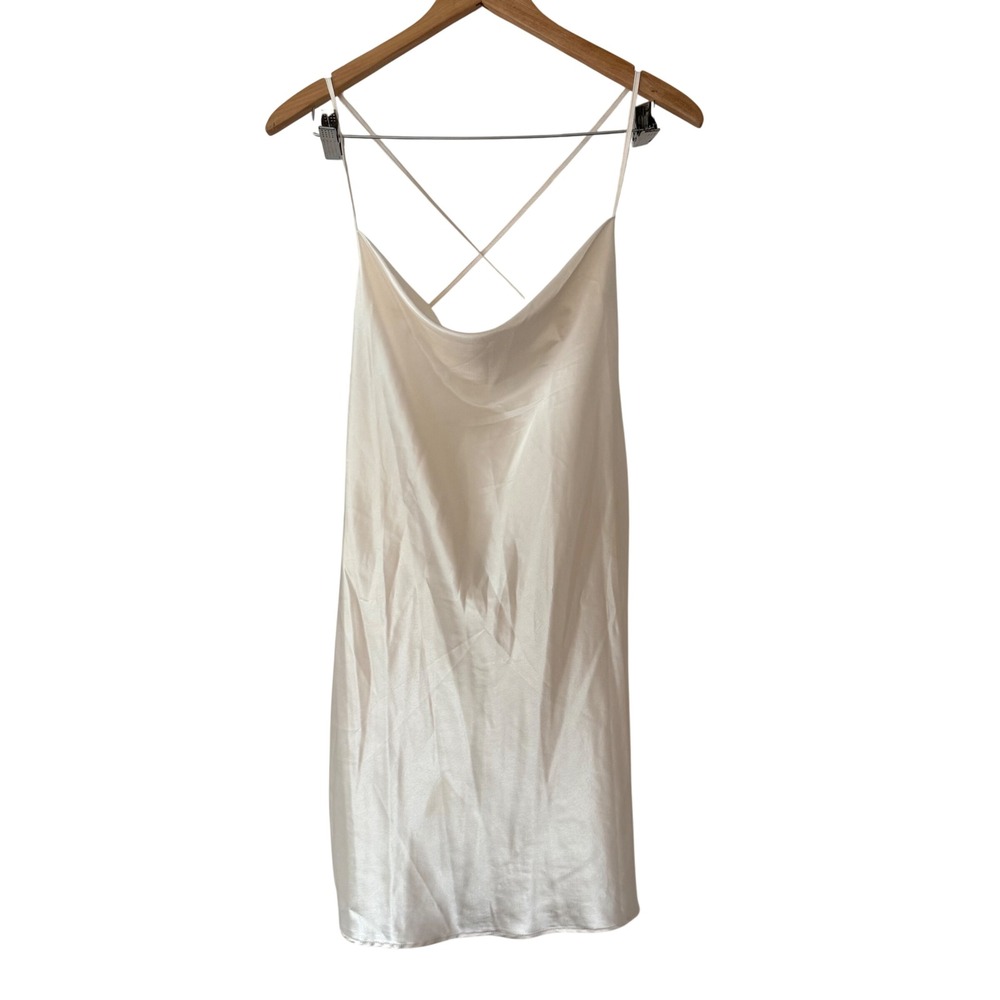 Y2K Silky Cream Satin Slip Dress Cowl Neck‎ Mini Cross Back S Wedding Datenight